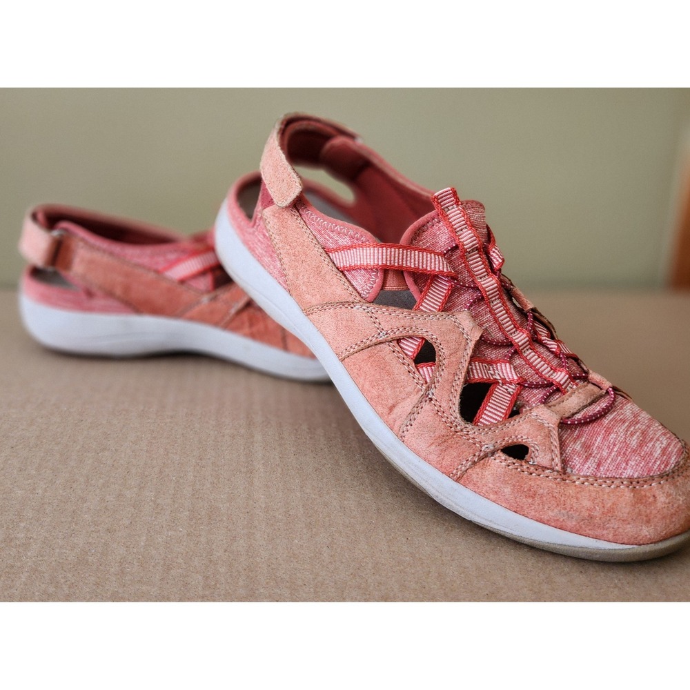 Earth Origins Bark Root Sandals Women 11 Coral Pink Good Suede Bungee Fisherman
